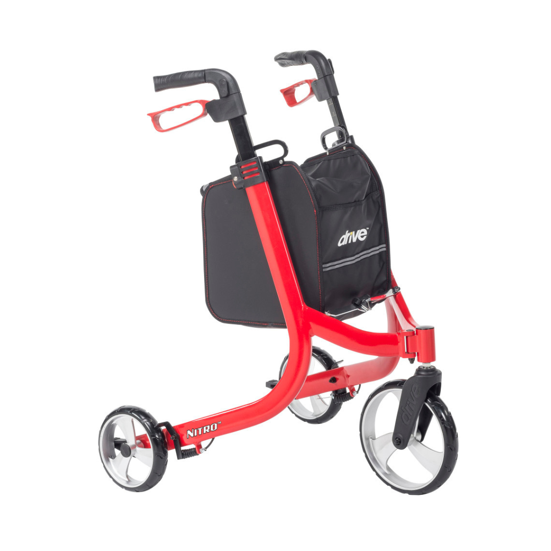The Drive Nitro® 3-Wheel Rollator features a lightweight red frame, black storage bag, ergonomic handles, and large all-terrain wheels for enhanced stability in a sleek Euro style design.
